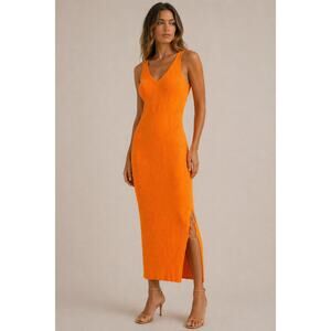House of Harlow 1960 Vibrant Orange Ribbed Sleeveless Bodycon Midi Dress Small